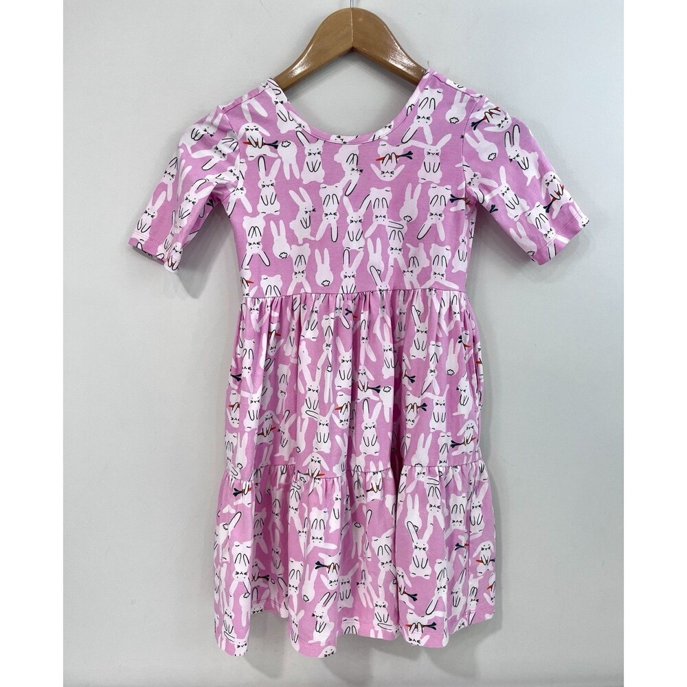 Hanna Andersson Bunny Print Skater Dress Girls 8 Pink Cotton Easter Spring